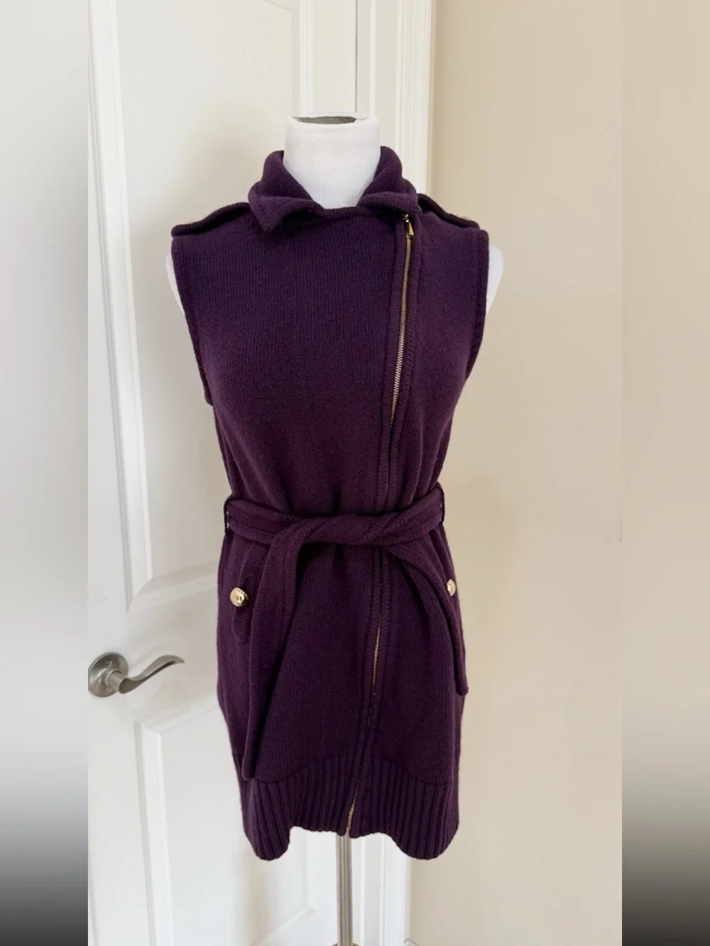 Tory Burch Purple Belted Zip Front 100% Merino Wool Sweater Vest Cardigan Large